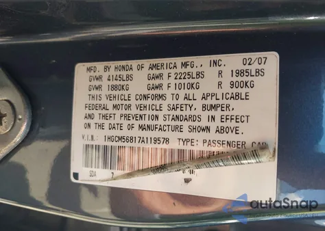2007 Honda Accord 2.4 Ex from USA, damaged, VIN 1HGCM56817A119578